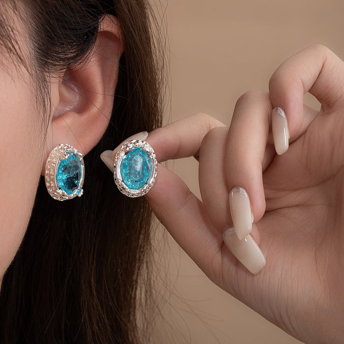 Elegant French Luxury Oval Ice Blue Crystal Rhinestone Alloy Stud Earrings
