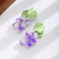 Vintage French Pastoral Purple Grape Bead Green Enamel Leaf Alloy Stud Drop Elegant Women's Earrings view 4