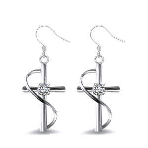 Silver Tone Cross Swirl Clear Stone Hook Drop Earrings Pair