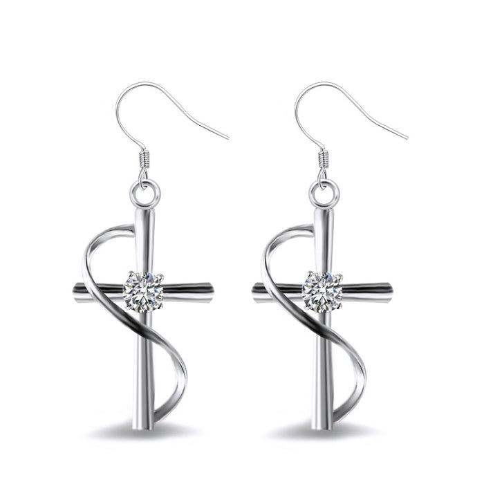 Silver Tone Cross Swirl Clear Stone Hook Drop Earrings Pair