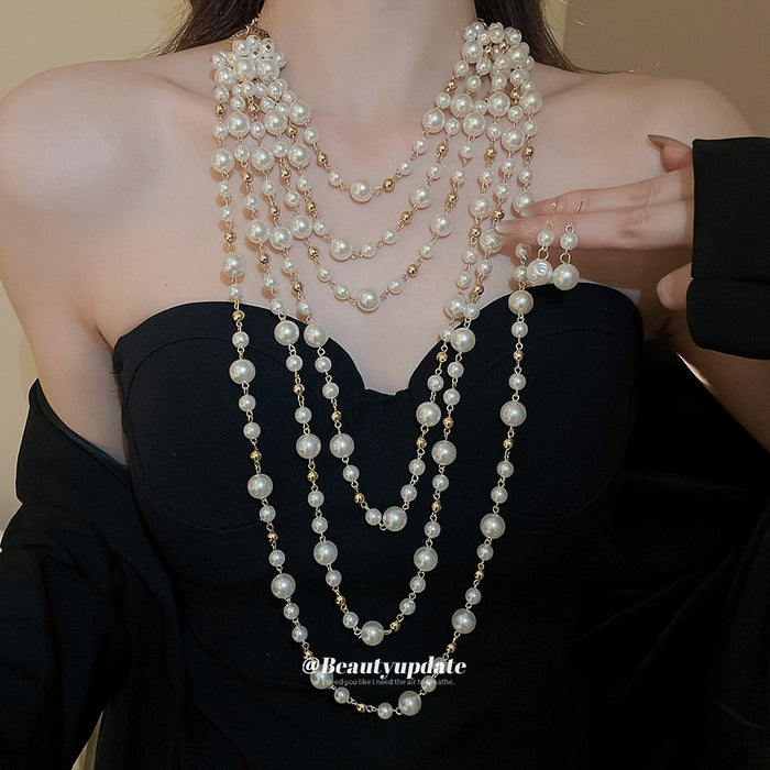 French Style Long Faux Pearl Sweater Necklace Light Luxury Geometric Round Pendant for Women