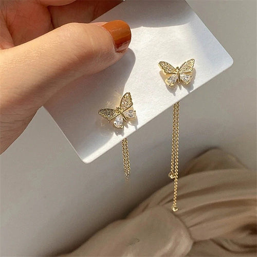 Elegant Butterfly Stud Earrings For Women With Long Bar Tassel Tail Chain Sweet Jewelry