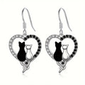 Two Tone Zircon Heart Cat Drop Earrings, Cute Kitty Heart Shape Dangle Earrings For Women view 3