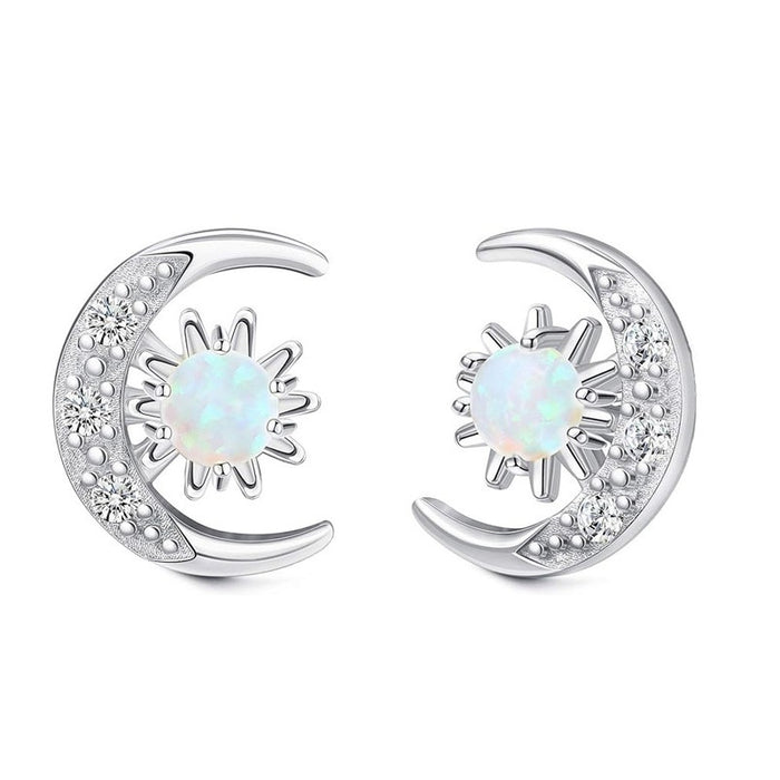 Designer Faux Opal Star And Moon Stud Earrings For Women, Delicate Niche Ear Jewelry