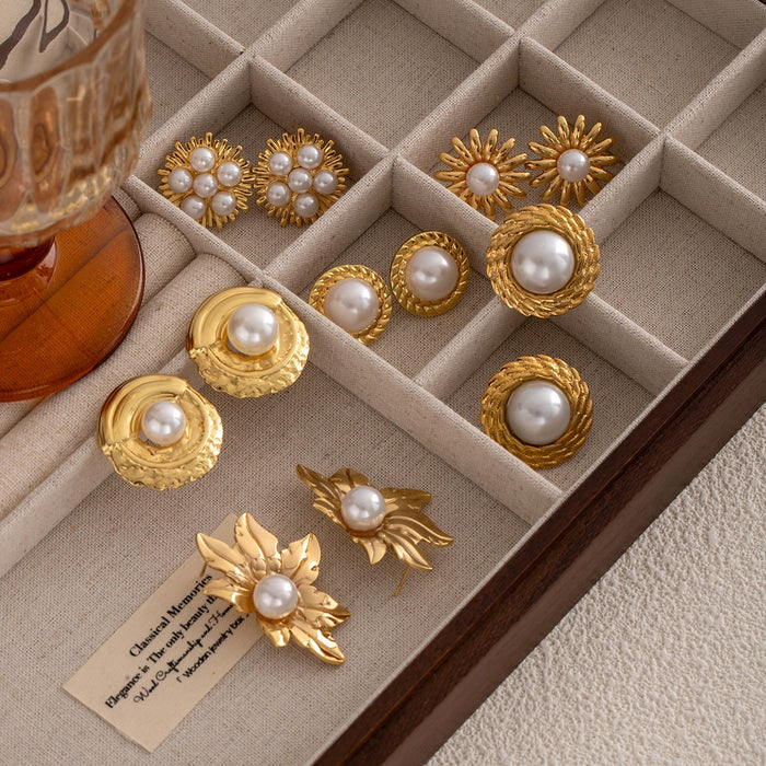 Vintage Gold Alloy Pearl Sunflower Maple Leaf Studs Luxury Statement Women's Fashion Earrings