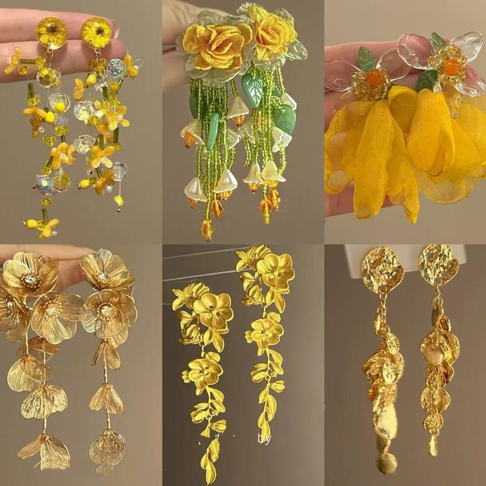 Light Luxury Alloy Floral Tassel Drop Earrings Vintage Forest Style Silver Needle Jewelry