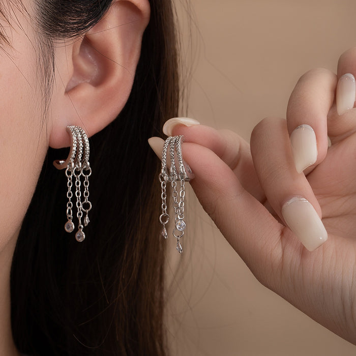 Vintage Luxury Silver Needle Zircon Tassel Drop Studs Elegant Minimal Long Chain Pendant Earrings