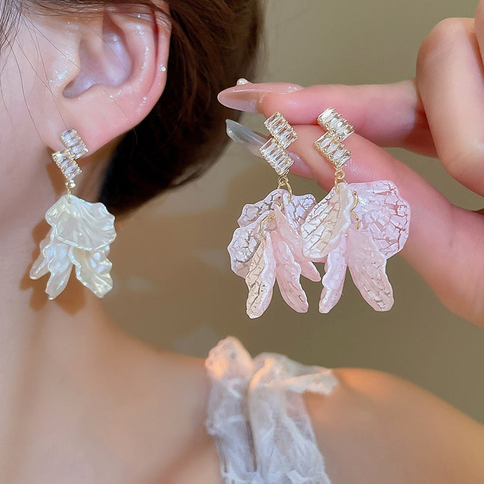 Sweet Shell Flower Petal Tassel Drop Earrings With Zircon Accents And Silver Posts