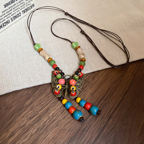 Colorful Ceramic Beaded Butterfly Pendant Necklace Vintage Ethnic Style Collarbone Jewelry