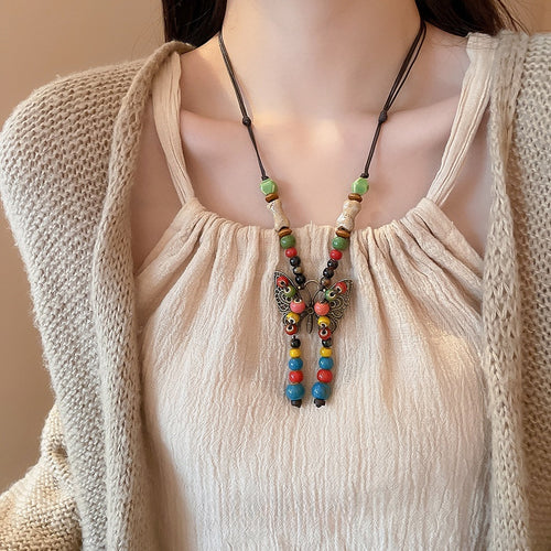 Colorful Ceramic Beaded Butterfly Pendant Necklace Vintage Ethnic Style Collarbone Jewelry