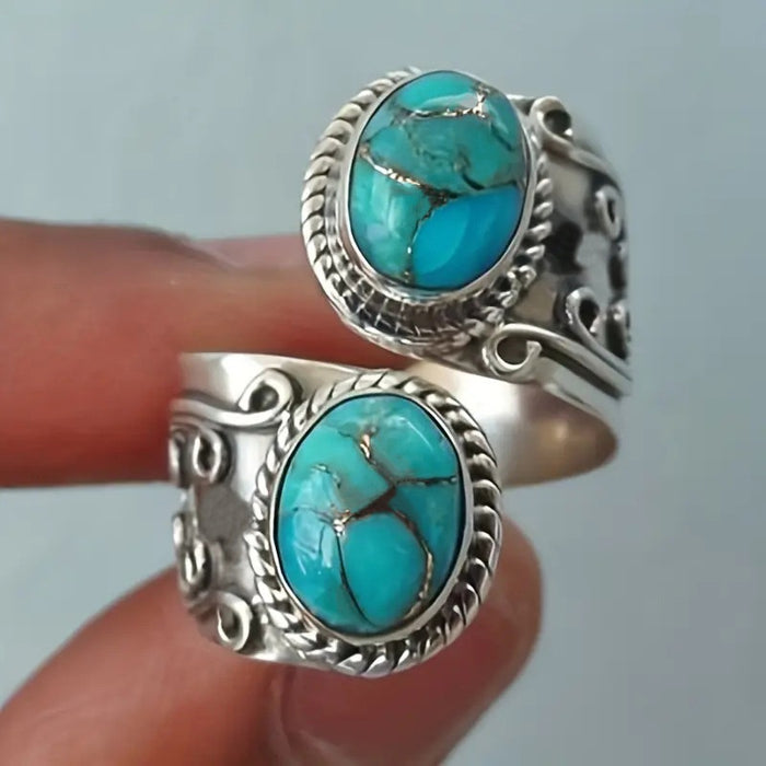 Bohemian Adjustable Open Ring For Women Vintage Faux Turquoise Statement Jewelry