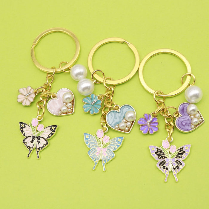 Enamel Metal Purple Heart Tulip Butterfly Keychain Bag Charm Gift