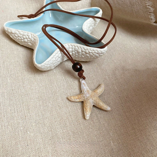 Vacation Style Starfish Acrylic Wood Bead Leather Sweater Necklace For Women