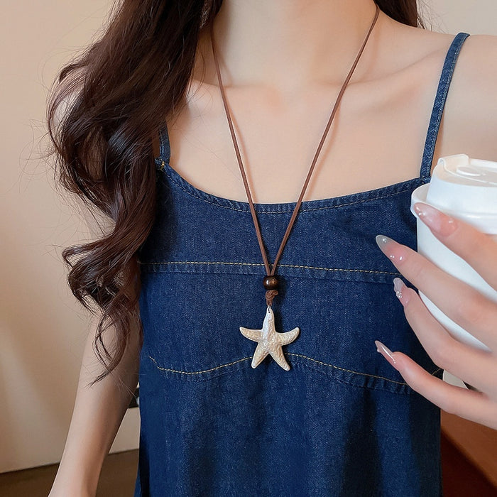 Vacation Style Starfish Acrylic Wood Bead Leather Sweater Necklace For Women