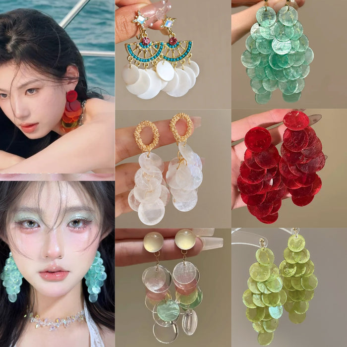Round Shell Tassel Drop Earrings With Silver Pin, Geometric Resort Style Beach Jewelry