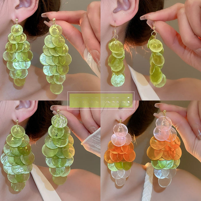 Geometric Shell Round Tassel Drop Earrings With Silver Pins Resort Style Fashion Ear Jewelry