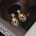 Elegant Vintage French Oval Oil Painting Enamel Flower Pearl Alloy Stud Drop Dangle Earrings view 2