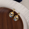 Elegant Vintage French Oval Oil Painting Enamel Flower Pearl Alloy Stud Drop Dangle Earrings view 3