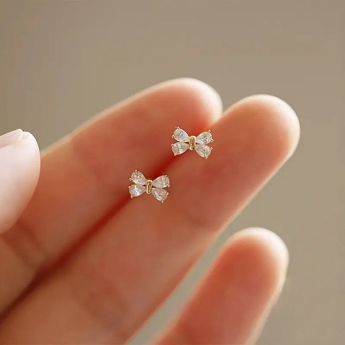 Korean Style Sweet Bowknot Zircon Stud Earrings For Women, Gentle Daily Lady Jewelry