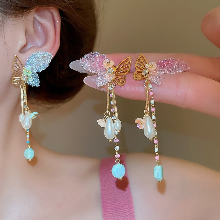Rhinestone Faux Pearl Butterfly Tassel Drop Earrings, Sweet New Chinese Palace Style