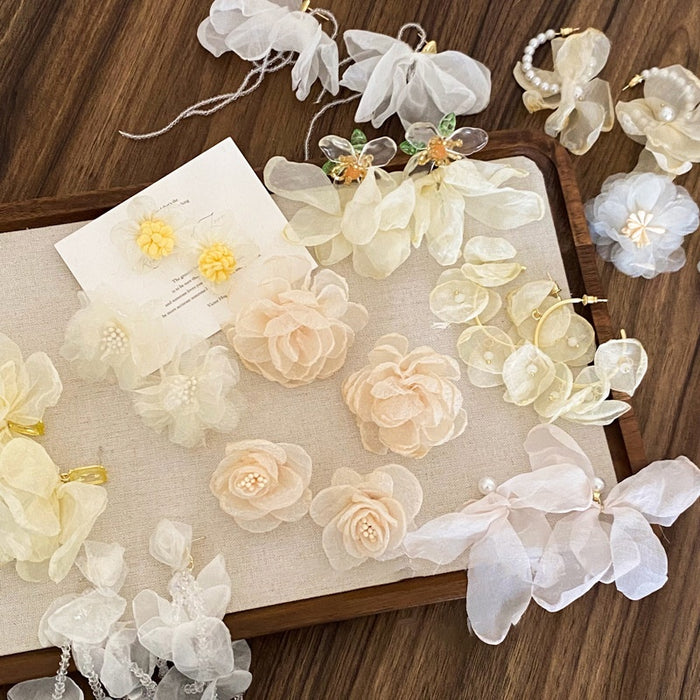 Chic Fabric Mesh Flower Tassel Drop Earrings With Silver Pins