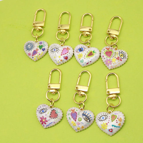 Colorful Printed Heart Evil Eye Keychain Bag Charm