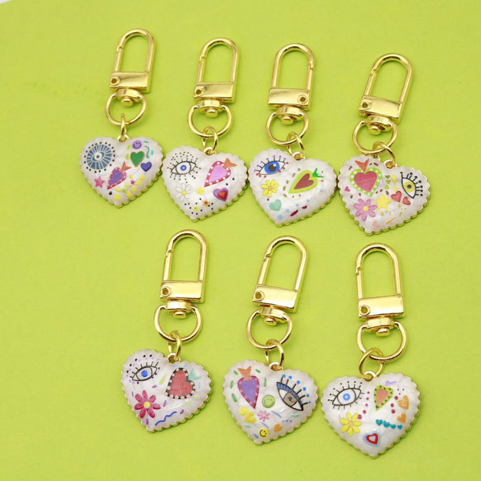 Colorful Printed Heart Evil Eye Keychain Bag Charm