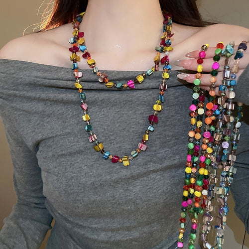 Vintage Irregular Colorful Shell Beaded Necklace For Women Summer Geometric Collarbone Jewelry