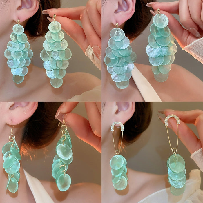 Round Shell Tassel Drop Earrings With Silver Pin Beach Vacation Geometric Jewelry
