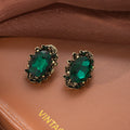 Vintage Luxury Oval Green Crystal Gemstone Gold Alloy Rhinestone Court Style Women Stud Earrings view 3