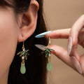 Vintage Chinese Style Green Enamel Bamboo Alloy Rhinestone Jade Teardrop Long Dangle Earrings view 1