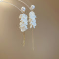 Chic Faux Pearl White Floral Petal Tassel Drop Earrings, French Vintage Stud Style view 2