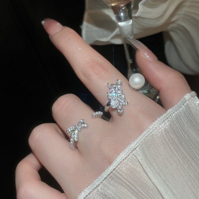 Zircon Bowknot Pearl Open Ring Fashion Jewelry For Women