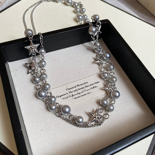 Rhinestone Star Faux Pearl Beaded Necklace For Women, Minimalist Light Luxury Clavicle Chain