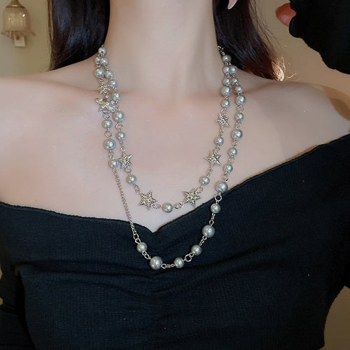 Rhinestone Star Faux Pearl Beaded Necklace For Women, Minimalist Light Luxury Clavicle Chain