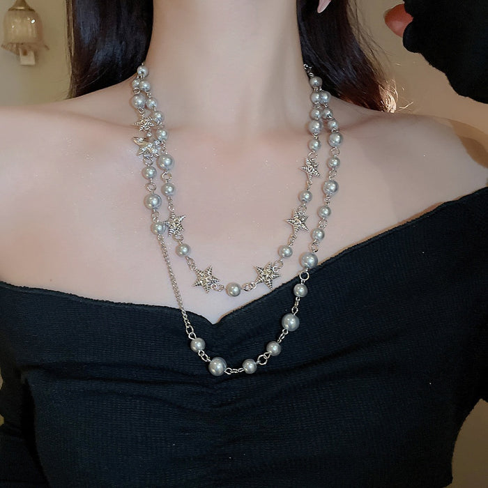 Rhinestone Star Faux Pearl Beaded Necklace For Women, Minimalist Light Luxury Clavicle Chain