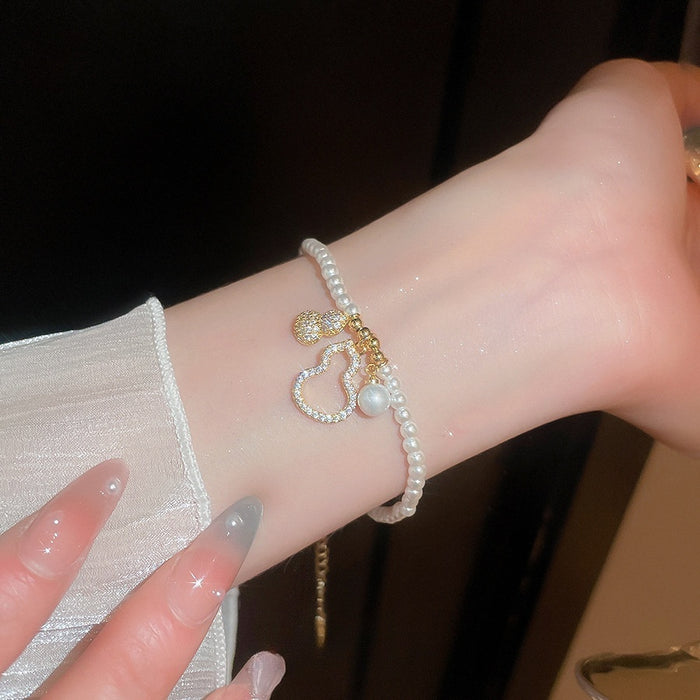 Light Luxury Faux Pearl Zircon Hollow Gourd Pendant Bangle For Women Vintage French Bracelet