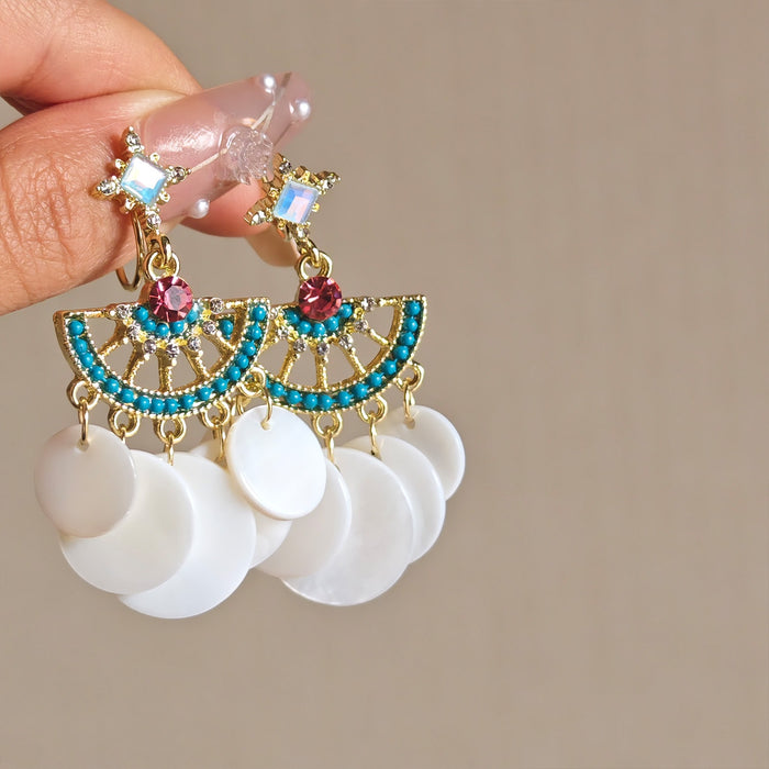 Bohemian Round Shell Tassel Drop Earrings With Rhinestone Silver Pin Geometric Design