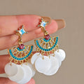 Bohemian Round Shell Tassel Drop Earrings With Rhinestone Silver Pin Geometric Design view 2