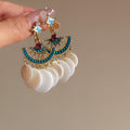 Bohemian Round Shell Tassel Drop Earrings With Rhinestone Silver Pin Geometric Design view 3