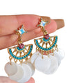 Bohemian Round Shell Tassel Drop Earrings With Rhinestone Silver Pin Geometric Design view 5