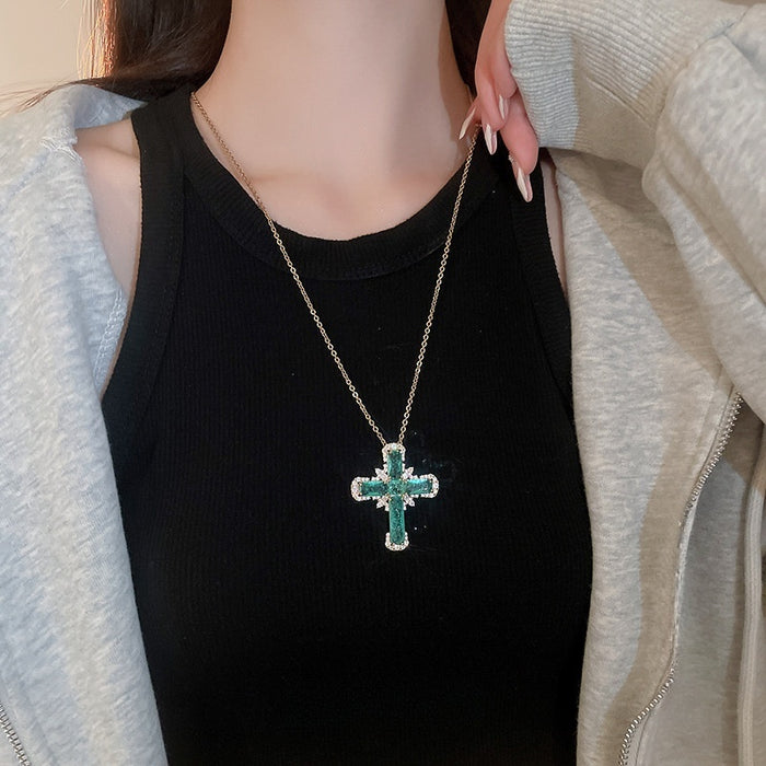 Resin Zircon Cross Pendant Necklace Geometric Luxury Collarbone Chain Fashion Jewelry