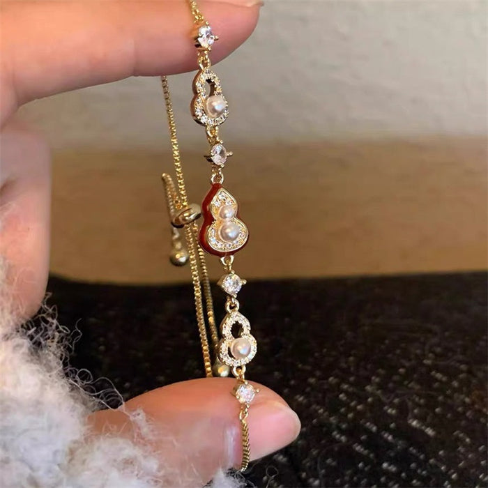 18K Gold Plated Zircon Faux Pearl Gourd Bangle, New Chinese Retro Light Luxury Jewelry