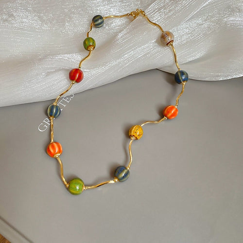 Irregular Colorful Ceramic Beaded Necklace Vintage Sweet Fresh Geometric Collarbone Jewelry