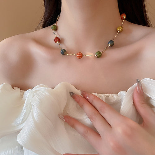Irregular Colorful Ceramic Beaded Necklace Vintage Sweet Fresh Geometric Collarbone Jewelry