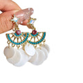 White Shell Round Tassel Drop Earrings With Silver Posts Resort Style Geometric Jewelry view 5
