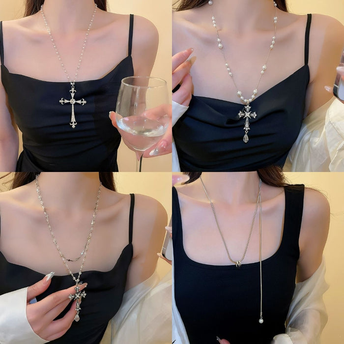 Vintage Alloy Rhinestone Cross Pendant Necklace For Women Light Luxury Fashion Clavicle Chain