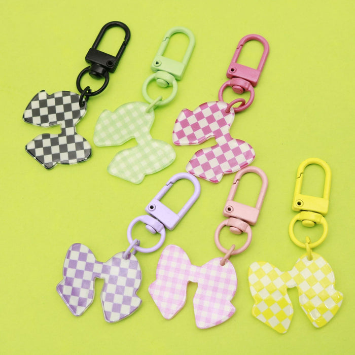 Metal Plaid Bow Keychain For Bag Charm Earbud Case Decor