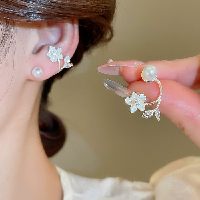 Faux Pearl Zircon Flower Leaf Stud Earrings French Sweet Versatile Light Luxury Jewelry