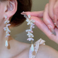 Sweet Copper Flower Rhinestone Waterdrop Pearl Tassel Drop Earrings For Women view 3